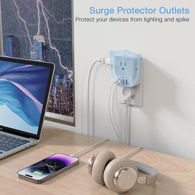 Multi Plug Outlet Splitter with USB, TESSAN 4 Electrical Outlet Extender Surge Protector with 3 USB Wall Charger Blocks, Multiple Plug Expander Box for Home Office Dorm Room Essentials