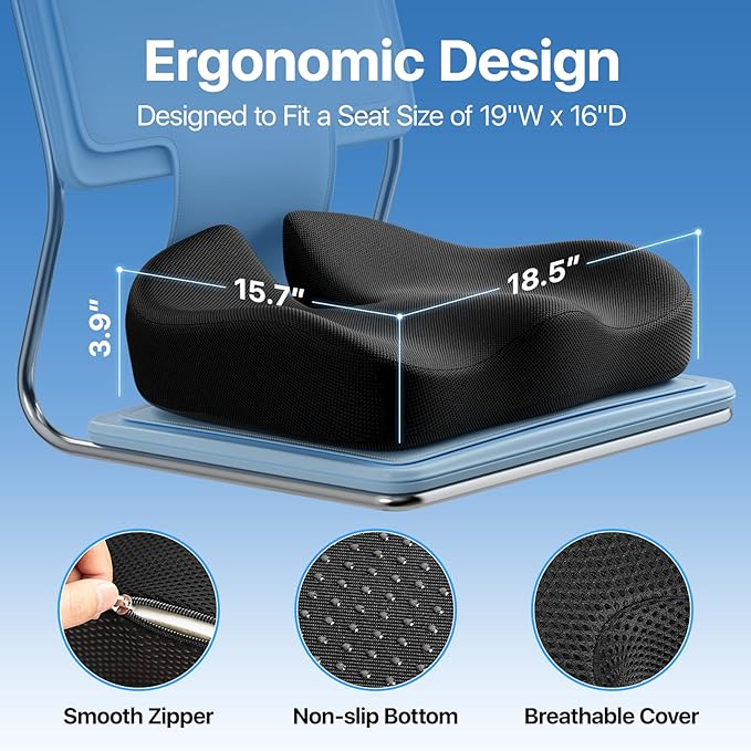Seat Cushion, Extra Large Memory Foam Cushion for Office Chair Cushions, Ergonomic Cushions Pad Pillow for Pressure Relief Sciatica & Pain Relief for Long Sitting