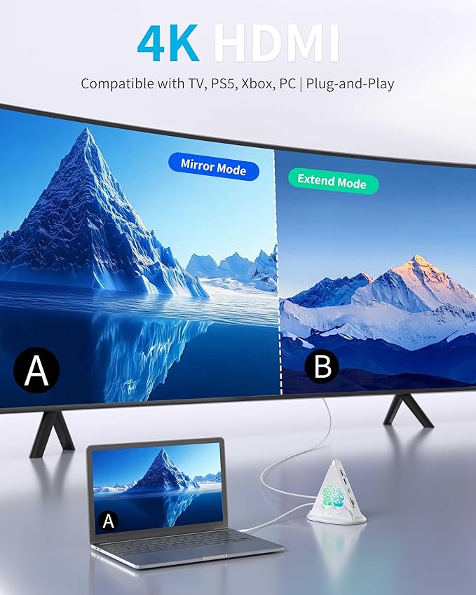 USB C Hub, White 8 in 1 USB C Hub Multiport Adapter with 4K HDMI, 100W Power Charging, 5Gbps Type C 3.0, 3xUSB A 3.0, SD/TF Reader& RGB Lighting, White Dcoking Station for MacBook Air, Laptops(Tree)