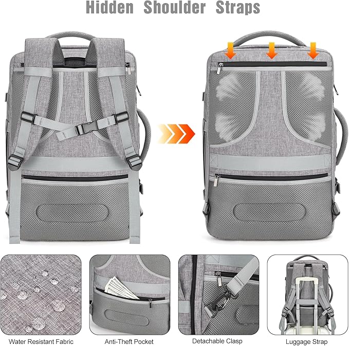 Tzowla 40L Travel Laptop Backpack for Men Women Carry on Flight Approved,Large Capacity Water Resistant Anti Theft Backpacks with USB Port,Business Causal Daypack Bag Fit 17.3"Computer/Notebook(Grey)