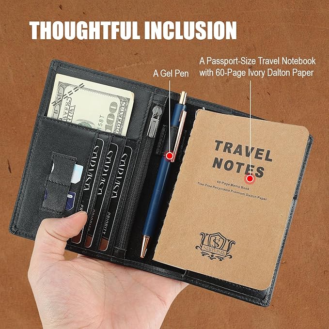 STAR VISTA Phoenix Leather Passport Holder, Calfskin Travel Wallet - RFID Blocking, ID Window, Zipper Pocket, Pen & Notebook Included, AirTag Holder, Black