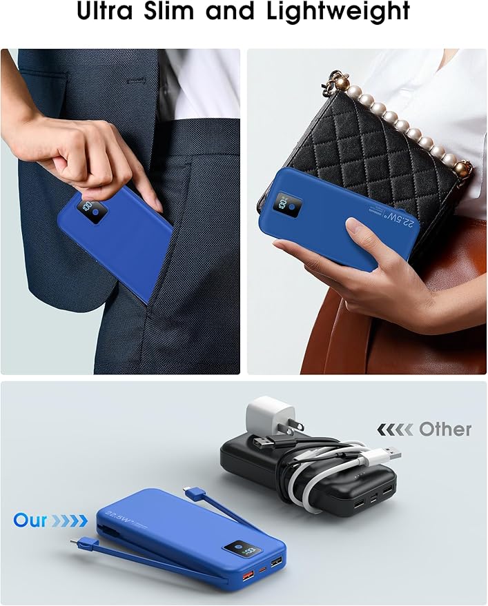 Portable Charger, 12000mAh 22.5W Fast Charging Power Bank with Built-in Cables & Wall Plug, Travel Essential Battery Pack with LED Display, USB C Battery Phone Charger for iPhone, iPad, Samsung Navy