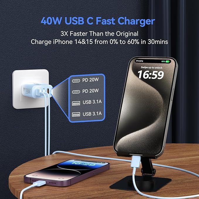 USB C Wall Fast Charger Block, 40W 4-Port Type C Chargers Fast Charging Blocks for Phone 17/16/15/14/13/12 Pro Max, Pad, Galaxy S24/23-2Pack Gradient Blue