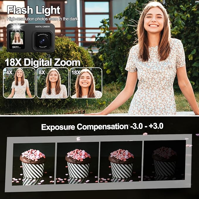 Upgraded 5K Dual Screen Digital Camera,80MP Vlog Photography Camera for YouTube,Campus,Travel,Compact Point & Shoot Camera for Teens & Beginners with Autofocus,18x Zoom,Anti-Shake,Black