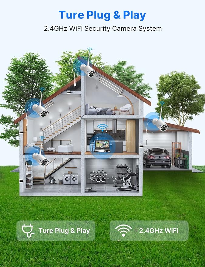 [16CH Expandable] Hiseeu Wireless Security Camera System with 10in LCD 4K Monitor, 4Pcs 5MP Outdoor Indoor Cameras with One-Way Audio, Waterproof, Motion Detect, 1TB HDD/Cloud Storage