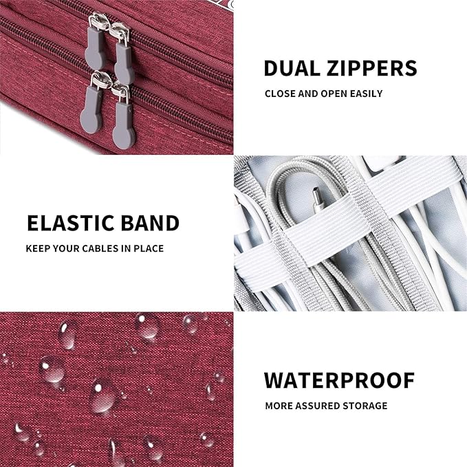 Travel Cable Organizer Bag, Electronic Accessories Case Portable Double Layer Cable Storage Bag for Cord,phone,Charger, Flash Drive, Phone, SD Card,Personal Items - (Red)