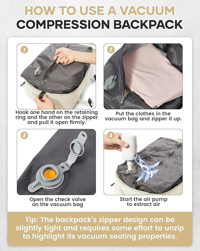 Vacuum Travel Backpack with Pump for Women,Personal Item Carry on Backpacks Flight Approved 18x14x8 inches for Men,Laptop Waterproof Work Compression bags Casual Daypack Beige.