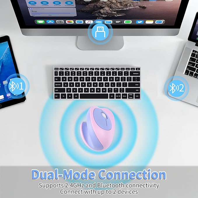 Wireless Mouse Ergonomic Vertical Mouse with Bluetooth & 2.4GHz USB Receiver 3 Buttons Rechargeable Silent Portable Optical USB Cordless Mice for Laptop PC Desktop Tablet Kids Adults Gifts (Purple)