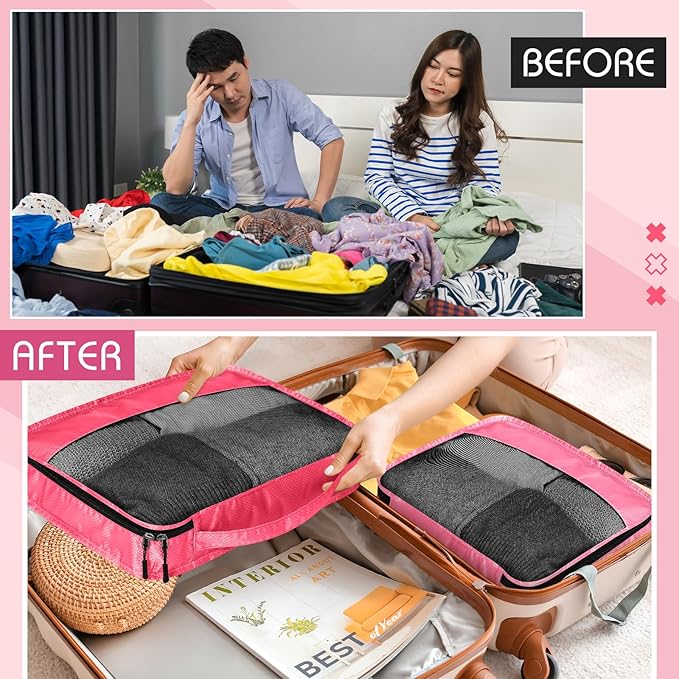 5 Pcs Packing Cubes for Suitcase Large Travel Cubes Carry on Luggage Organizer Bags for Clothes Accessories(Mixed,Pink)