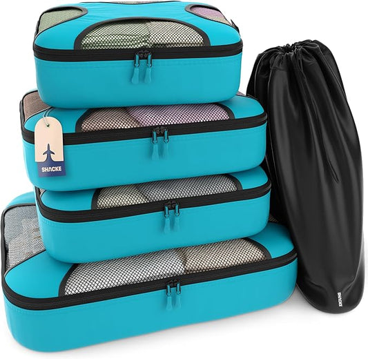 Shacke Premium 5 Packing Cubes Set - Lightweight Mesh Travel Luggage Organizers with Laundry Bag, 5-Piece Suitcase Storage System (Aqua Teal)