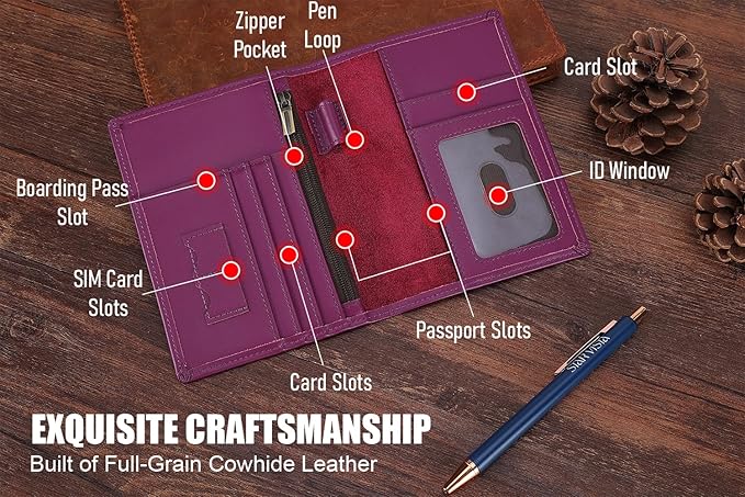 STAR VISTA Phoenix Leather Passport Holder, Calfskin Travel Wallet - RFID Blocking, ID Window, Zipper Pocket, Pen & Notebook Included, Violet