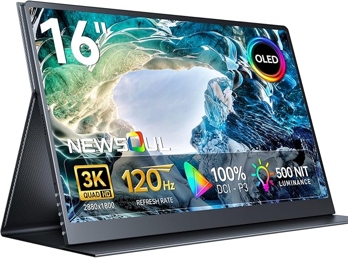 OLED Portable Monitor 16", 3K 2880x1800 120Hz 0.1ms Portable Gaming Display，500 Nits Brightness| 100000:1 Contrast| 100% DCI-P3| 8-Bit+FRC| Ultra-Slim Travel Monitor for Laptop PC Phone Game Consoles