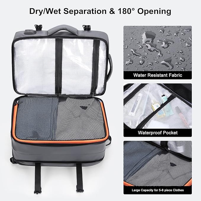 HOMIEE Carry on Backpack Extra Large Travel Bag, Expandable Hand Luggage Suitcase Anti-Theft Business Backpack, Water Resistant Lightweight Weekender Bag, Grey