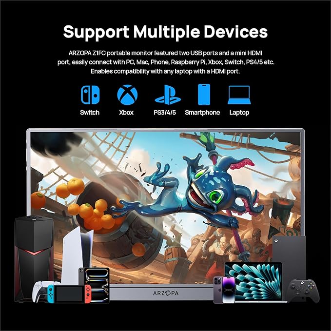 ARZOPA 16.1'' 144Hz Portable Gaming Monitor, 106% sRGB 1080P FHD Kickstand Portable Monitor with HDR, Ultra Slim, Eye Care, External Second Screen for Laptop, PC, PS5, Mac, Xbox-Z1FC Gray