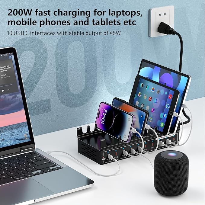10 Port Fast Charging Station（10USB C）,200W USB C Charging Station, simultaneously Charges Mobile Phones, Tablets, Game Consoles and Headphones and Other Devices at high Speed