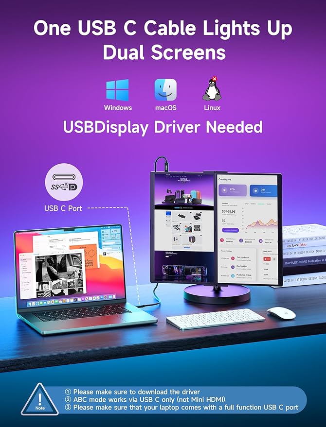 JSAUX FlipGo Pro 15.6" Dual Portable Monitors, 1080P FHD IPS Dual Screen Monitor, Triple Screen Laptop Monitor Extender for Wins/macOS (Driver Required) with Magnetic Design/Plug & Play/Built-in Hub