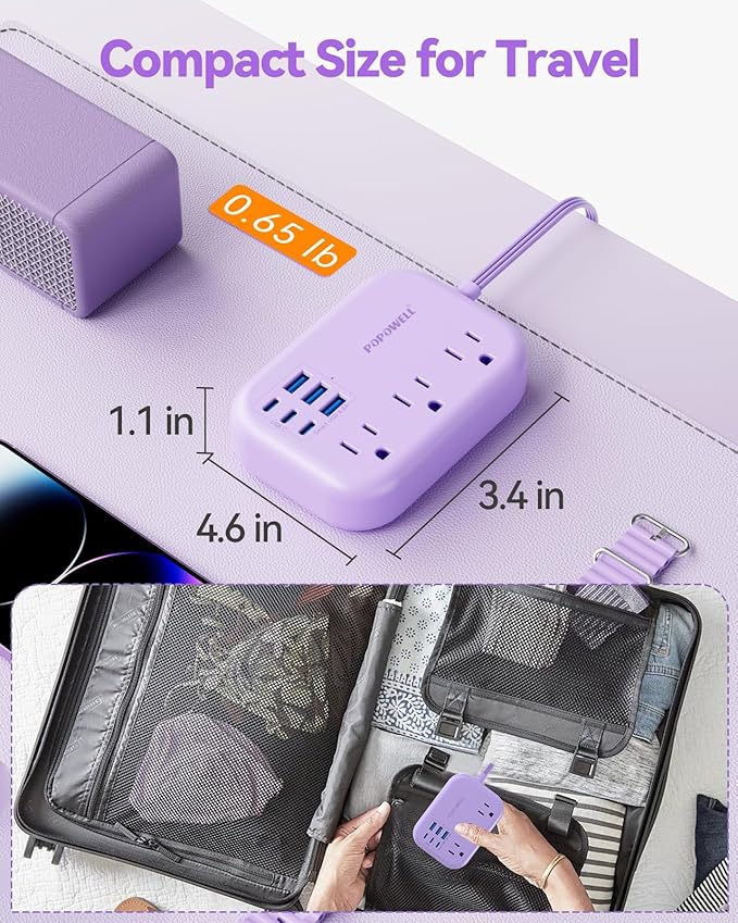 6 USB Power Strip- Purple Power Strip with 3 Outlets and 6 USB(3 USB C) 4.8A Charging Ports for iPhone 15, 5 FT Purple Extension Cord, Slim Flat Plug for Cruise Ship Essential, Office Dorm.
