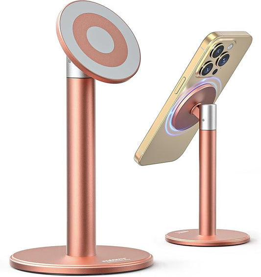 Nulaxy Magnetic Full Aluminum Phone Stand, 360 Rotating Cell Phone Stand for Desk with Metal Ring, Adjustable Phone Holder Compatible with Phone 17 16 15 14 Pro Max and MagSafe Case, Pink