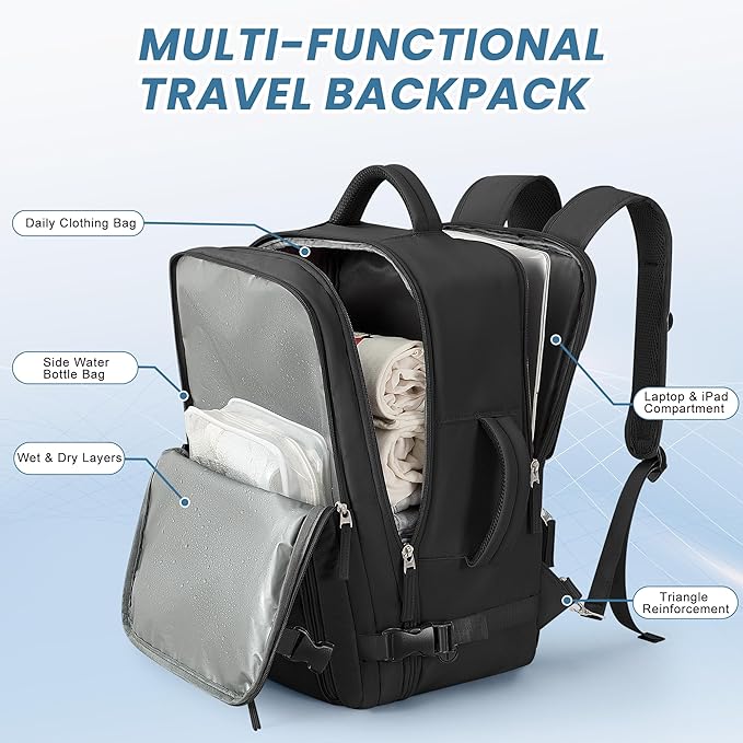 Beraliy Travel Backpack for Men Women, Carry On Backpack, 16 Inch Laptop Backpack, Waterproof School Backpack, Casual Outdoor Daypack College Bag, Black