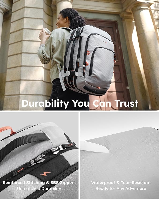 Tolaccea Travel Backpack, TSA Friendly Flight Approved Carry-on Luggage Water-resistant Business Rucksack, Durable Large Computer Bag Daypack Fits 15.6 Inch Laptop, 35-45L Expandable - Grey