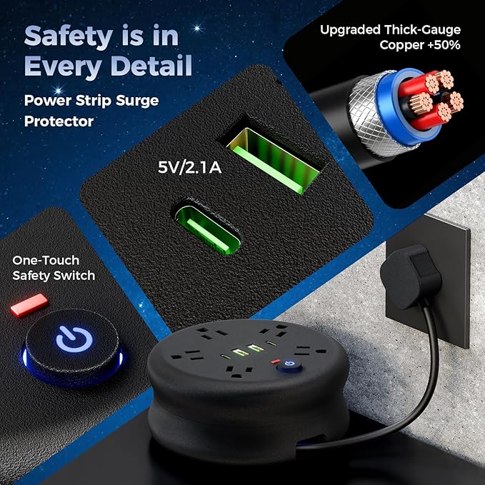 Power Strip Surge Protector-6.56 ft Retractable Travel Extension Cord Portable Powerstrip with 5 Outlet 2 Smart USB Port 2 USB C for Home Office Travel