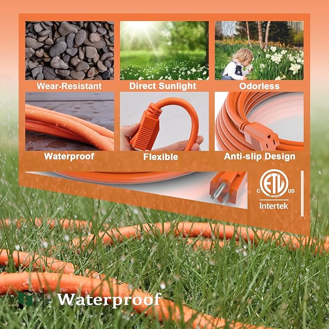 PLUGTUL 50 FT 12/3 Outdoor Extension Cord Waterproof, Heavy Duty 12 Gauge SJTW Extension Cord, 15A 1875W, ETL Listed, Great for Garden and Home, Orange