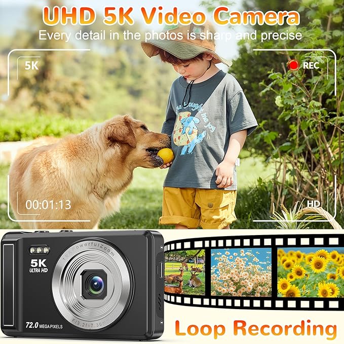 5K Digital Camera, 72MP Digital Cameras for Photography, UHD Autofocus Point and Shoot Compact Camera with Flash for Kids, Small Portable Vlogging Camera for YouTube with 2.8" Screen, 16X Zoom
