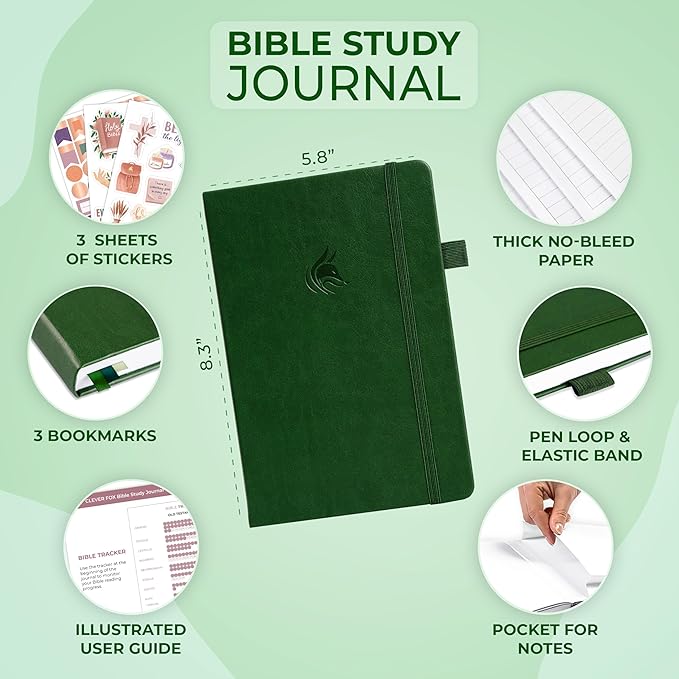 Clever Fox Bible Study Journal – Church Notes Notebook – Note Taking & Journaling Kit – Faith Based Religious Gifts & Accessories (Forest Green)