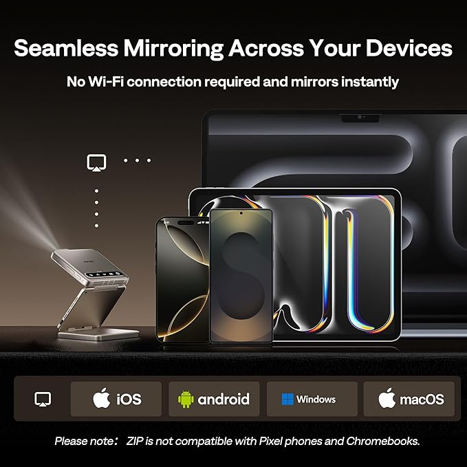 Aurzen ZIP Tri-Fold DLP Truly Mini Projector, Pocket Size, Zero-Lag Focus, One-Click Screen Mirroring, Full-Screen Mode, Type-C Fast Charging, 5,000mAh Battery, Indoor Outdoor Portable Projector,Gold