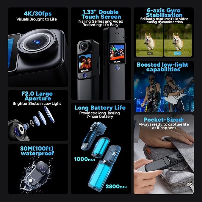 SJCAM C300 Vlogging Combo, 4K Pocket Action Camera,7Hour Power,6-Axis Stabilization,Dual-Touch Screen 154° Wide FOV Video Body Camera,Waterproof,Live Streaming,with Tripod Kits,64G Card,Black