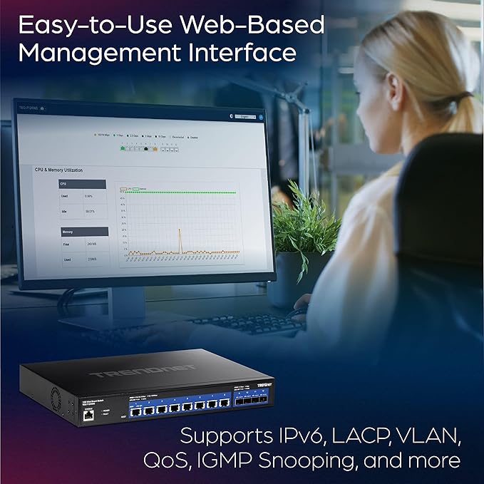 TRENDnet 12-Port 10G Web Smart Switch, TEG-7124WS, 8 x 10G RJ-45 Ports, 4 x SFP+ Slots, Ethernet Splitter, NDAA & TAA Compliant, Rack Mountable Housing, Lifetime Protection, Black