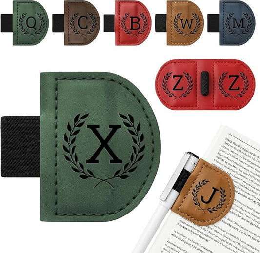 Personalized Bygone Mark Bookmark with Pen Holder,Engraving Leather Magnetic Bookmarks Vintage 26 Letters Name Initials Text Book Marker Clips Gifts for Reading Book Lovers Women (Green, X)