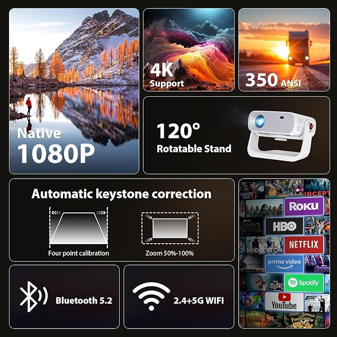 Smart Projector with WiFi 6 and Bluetooth Built-in Apps - 4K Support Portable Mini Projector Native 1080P , 2025 New Auto Keystone & Zoom Home Theater Cinema Movie Proyector, 120° Stand, Grey