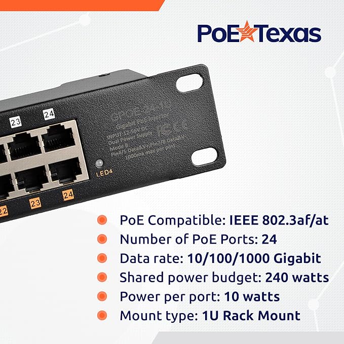 PoE Texas 24 Port PoE Injector - Multi-Port PoE Gigabit Rack Mount Midspan for IP Cameras, Phones, WiFi AP, Add Power Over Ethernet to Non-PoE Switch or Network Router, Includes 56v 240w Power Supply