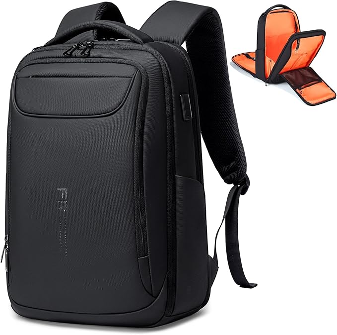 FENRUIEN Business Backpack for Men,Water Resistant Tech Backpack with Charger,Black Laptop Backpack 15.6 Inch