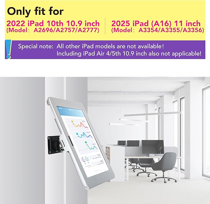 on Wall Mount Bracket for 2025 iPad 11"(A16) 11th / 2022 iPad 10.9" 10th Gen.,Excluding Other 10.9"/ 11",with Anti Theft Lock & Key,Rotate Arbitrary Adjustment Angle,Metal,(Silver)