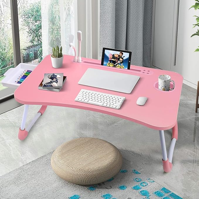 Slendor Lap Desk with Tablet Slot, Foldable Laptop Table with Storage Drawer for Bed，Portable Bed Desk for Laptop, Computer Tray with Cup Holder Notebook Stand Reading Holder for Couch Floor, Pink