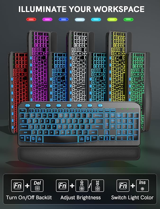 SABLUTE Ergonomic Wireless Keyboard and Mouse Combo - Wave Keyboard with Soft Leather Wrist Rest, Resistant Keys, RGB Backlit Rechargeable Set for PC/Mac/Chromebook (Black and Blue)