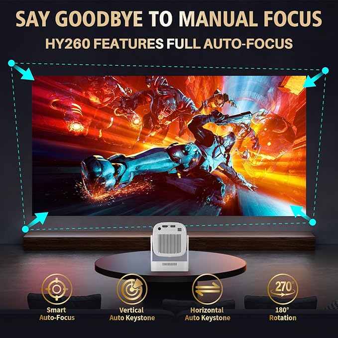 Mini Projector with WiFi and Bluetooth, 4K Full HD 1080P 200ANSI, 180° Rotatable Portable Projector, Auto Focus Movie Projector, Compatible with Smartphone, TV Stick, Laptop, HDMI, USB