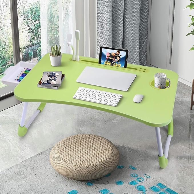 Slendor Lap Desk with Tablet Slot, Foldable Laptop Table with Storage Drawer for Bed，Portable Bed Desk for Laptop, Computer Tray with Cup Holder Notebook Stand Reading Holder for Couch Floor, Green