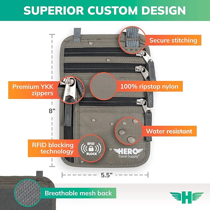 HERO Neck Wallet, RFID Blocking Passport Holder, Easy to Conceal Travel Pouch