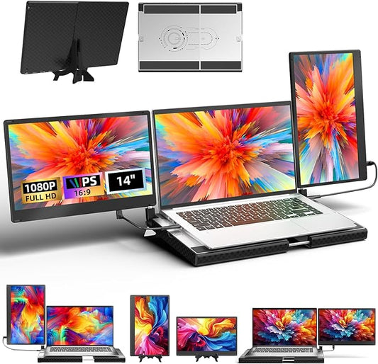 Laptop Triple Screen Extender - 14" Monitor IPS FHD 1080P HDMI USB-C Detachable Portable Display for 12-17.3 Inch Laptops Compatible with Windows Mac Chrome Surface Metal Base Travel Work Setup