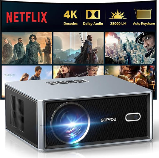 Netflix Smart Projector with WiFi and Bluetooth, SOPYOU Outdoor Movie Projector 4K with Apps Max 450", Electric Focus & Auto Keystone, Built-in Netflix/YouTube/Prime Video