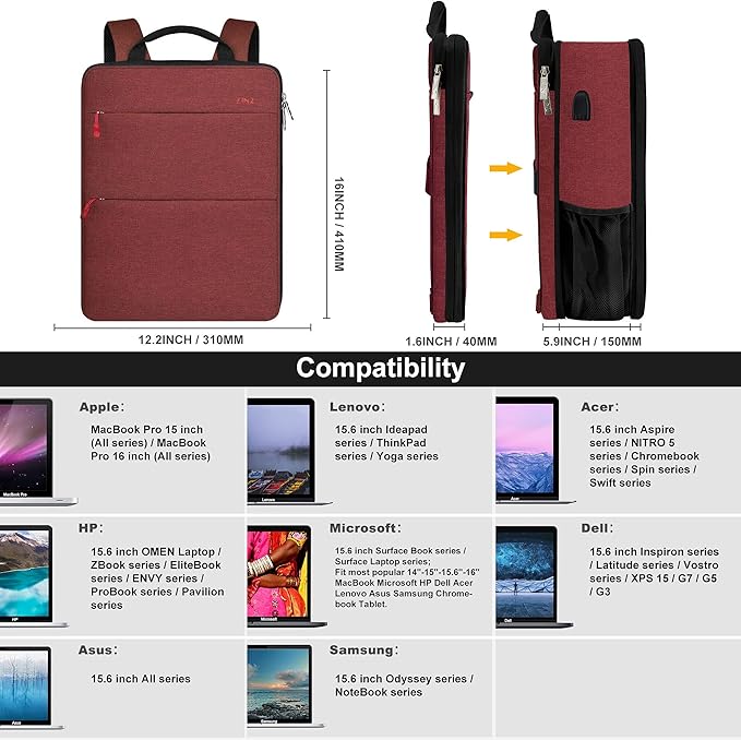 ZINZ Slim & Expandable Laptop Backpack 15 15.6 16 Inch Sleeve with USB Port, Spill-Resistant Notebooks Bag Case for Most 14-16 Inch MacBooks Surface-Books Dell HP Lenovo Asus Computers,R01D02