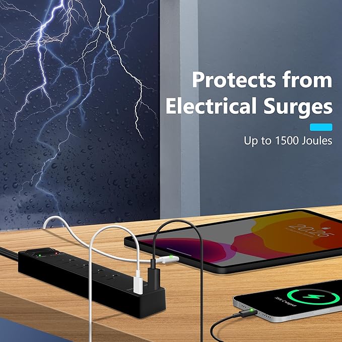 LIDER PD 36W Surge Protected Outlet Extender with 4-Outlet Power Strip, 1 USB Type-A and 1 Type-C Port, 5ft, Up to 1500J, LED Indicator, ON/Off Switch, Flat-Plug, 45-Degree Angle, UL-Listed, Black