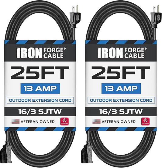 Iron Forge Cable 2 Pack 25 Ft Black Extension Cord, 16/3, 25 Foot Extension Cord, 3 Prong, Weatherproof - Great for Outside Use
