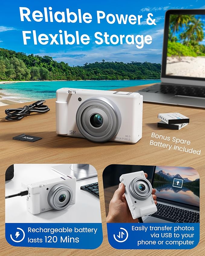 True 5K Digital Camera for Photography, Autofocus 80MP with 18X Digital Zoom 3" 270°Flip Screen Dual-Lens Selfie Camera for YouTube Vlogging & Content Creation, 2 Batteries, 32GB Card & Flash，White