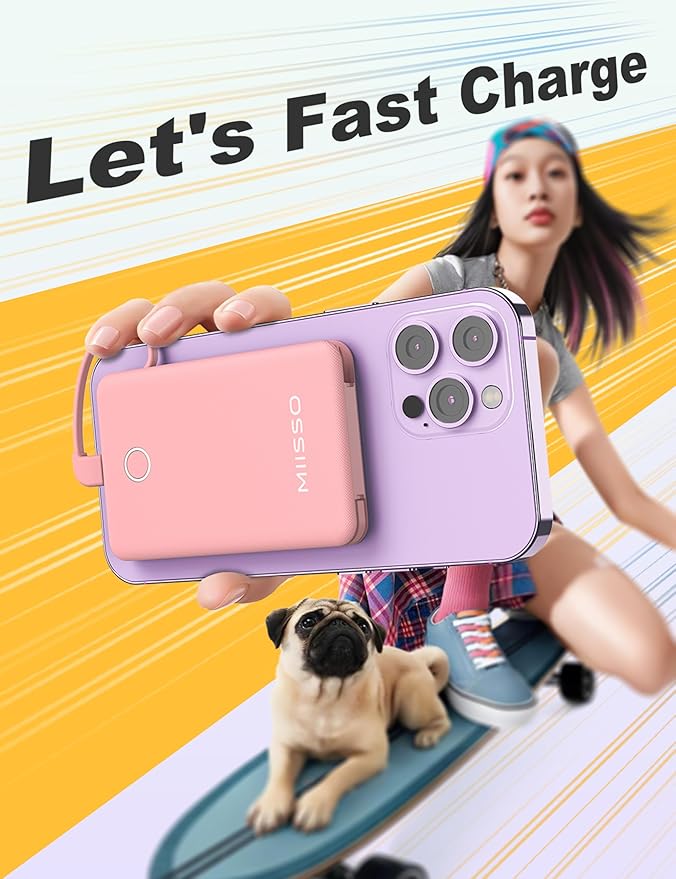 6000mah Ultra Slim Built in Cables Power Bank, Card Size Built in USB C Cords Battery Pack Portable Charger for Phones, 3 Output External Battery Pack Compatible with iPhone, Samsung, Google, Pink