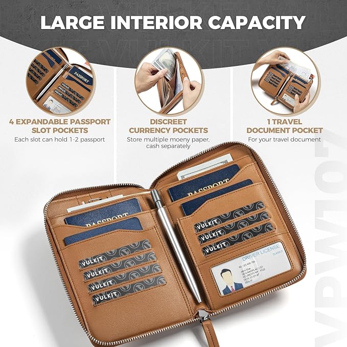 VULKIT Leather Passport Holder for 4-8 Passports Family Passport Wallet with Zipper Travel Documents Organizer for Men or Women(Brown)