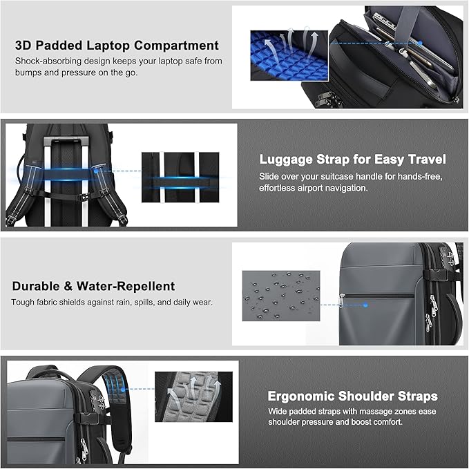 Vacuum Backpack Travel – Expandable Compression Carry On Backpack with Vacuum Pump, Water-Resistant TSA Lock Travel Bag, 17" Laptop Backpack for Men Women, Business Airplane Flight Luggage, Grey